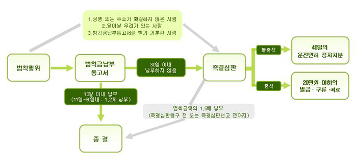 범칙금 납부통고 및 즉결심판 절차 이미지입니다.